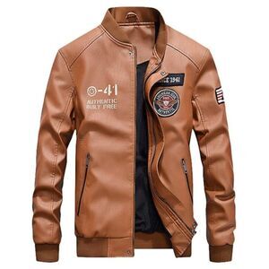 Men's Faux Leather Jacket Casual Baseball Coat, brown